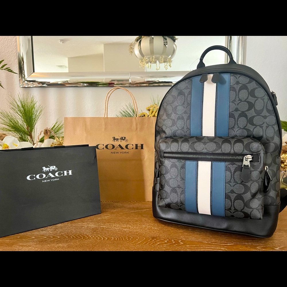 Coach Mens West Backpack In Signature Canvas With Varsity Stripe